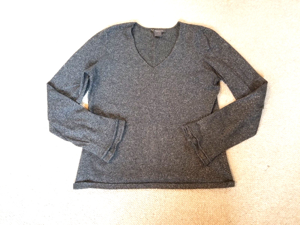 Womens Sweater-ANN TAYLOR-gray/silver cashmere blend v-neck Old Money ls-M